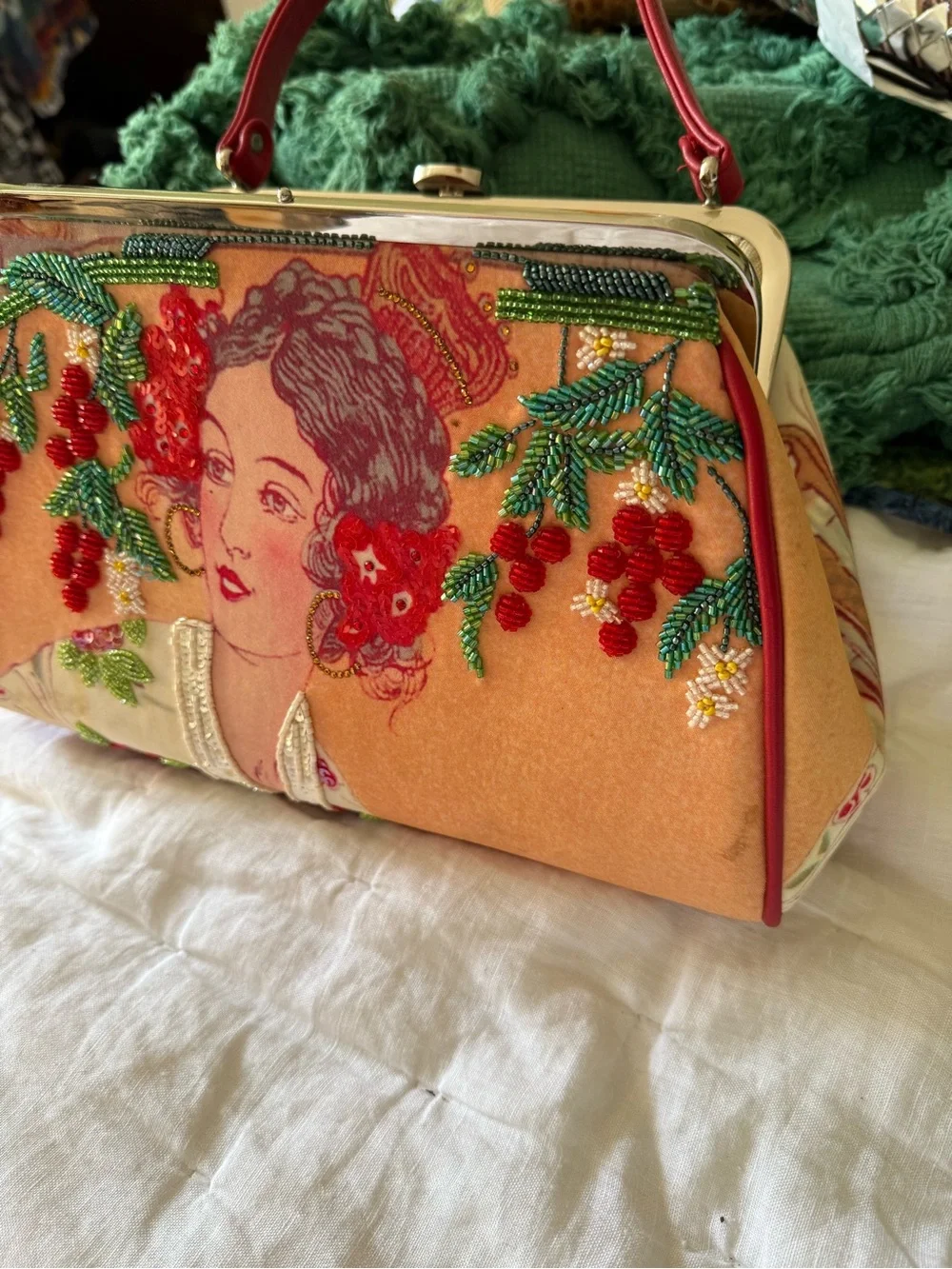 Isabella Fiore Peach and Red Embroidered Portrait Top-Handle Shoulder Bag - Picture 4 of 6